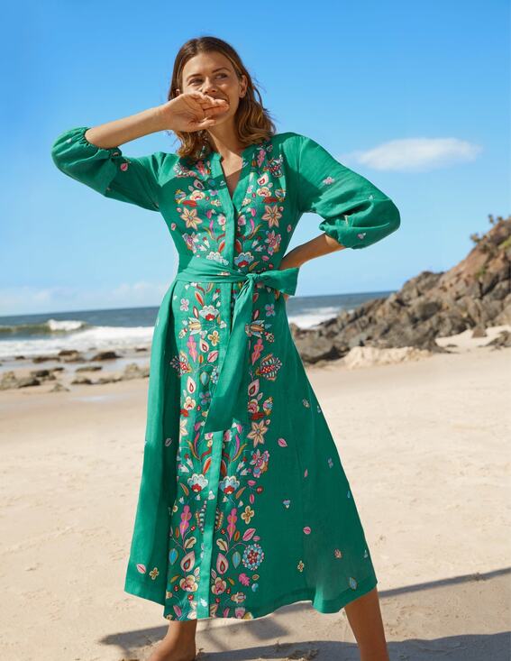 Boden Dresses & Skirts - Boden Maxi Green Linen Print Belted Boho  Dress Women’s 12R Prairie Event